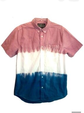 Brooklyn Cloth Tricolor Dyed Short Sleeve Button Down in Pink/White/Blue Men’s M